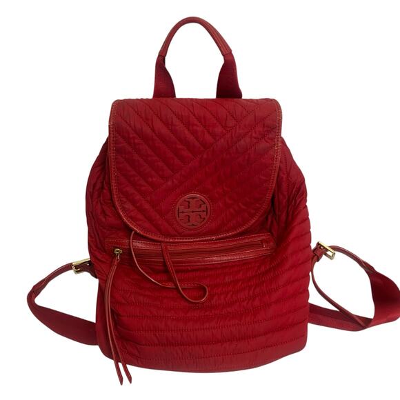 Tory Burch Red Backpack Leather Quilted Nylon Bag - Picture 1 of 13